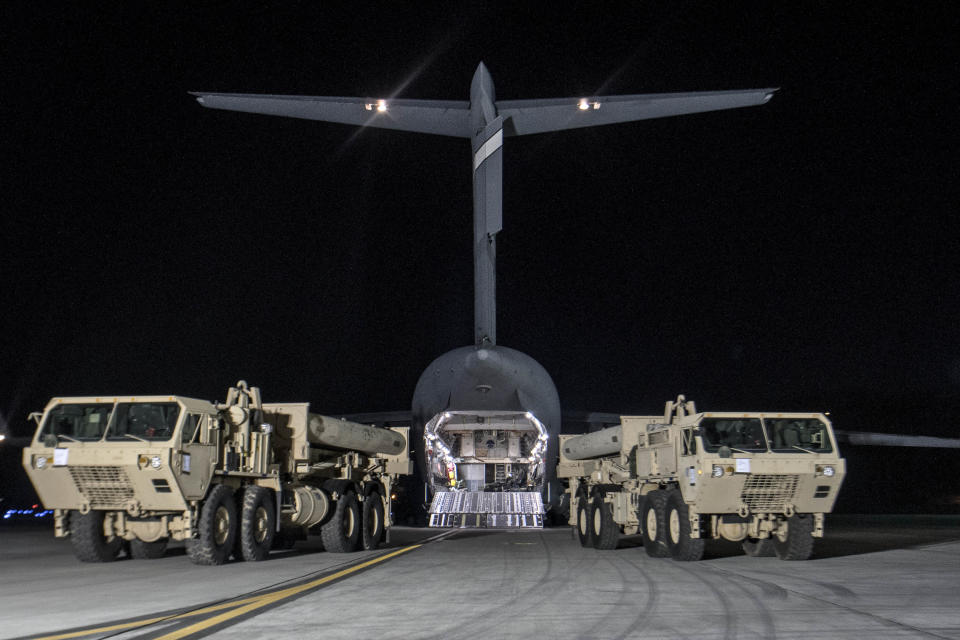 Photo provided by U.S. Forces Korea, a truck carrying parts of U.S. missile launchers and other equipment needed to set up the Terminal High Altitude Area Defense (THAAD) missile defense system arrive at the Osan base, South Korea. The U.S. military has begun moving equipment for the controversial missile defense system to ally South Korea. The announcement Tuesday by the U.S. military comes a day after North Korea test-launched four ballistic missiles into the ocean near Japan.