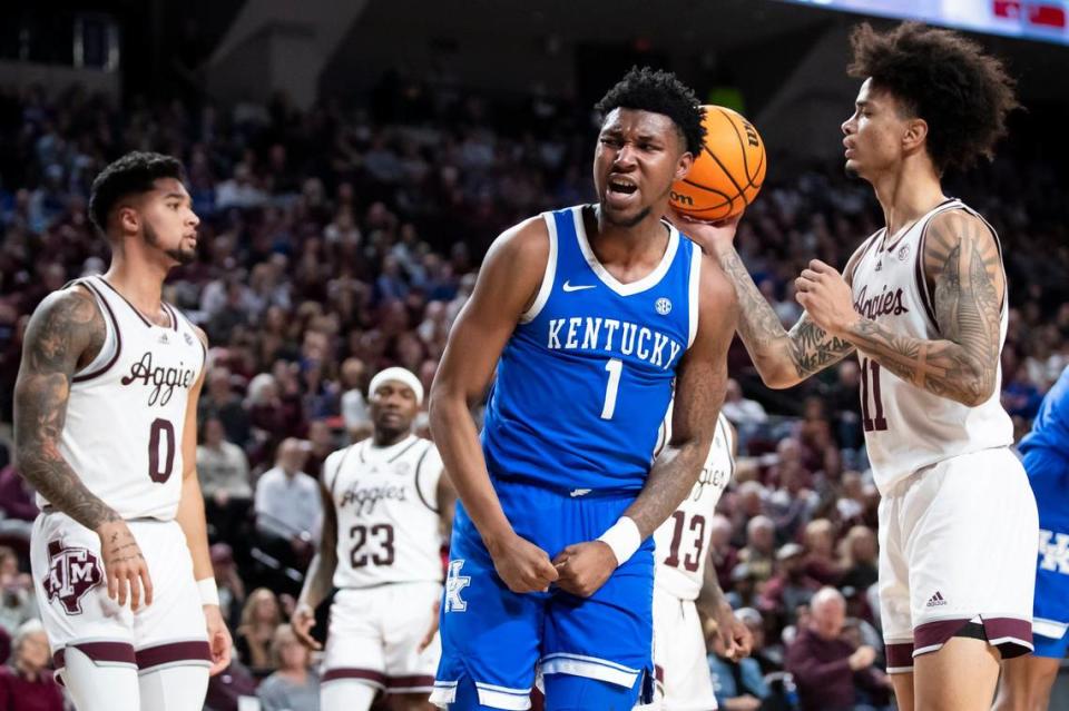 Kentucky’s Justin Edwards (1) celebrates scoring against the Texas A&M during a game in College Station, Texas, on Jan. 13.