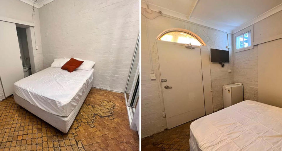 Two photos of A Paddington studio apartment with dirty, broken tiles, small windows and a bed.