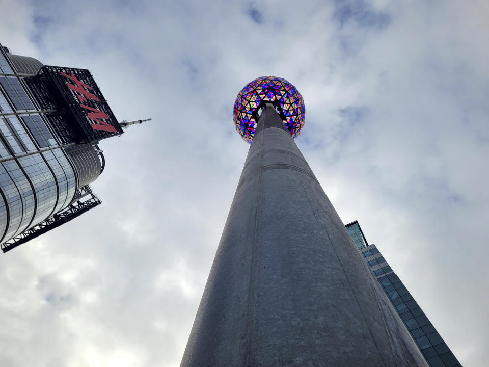 The New Year's Eve ball is shown in Times Square on Saturday, Dec. 30, 2023 in New York. With throngs of revelers set to usher in the new year under the bright lights of Times Square, officials and organizers say they are prepared to welcome the crowds and ensure their safety. (AP Photo/Julie Walker)