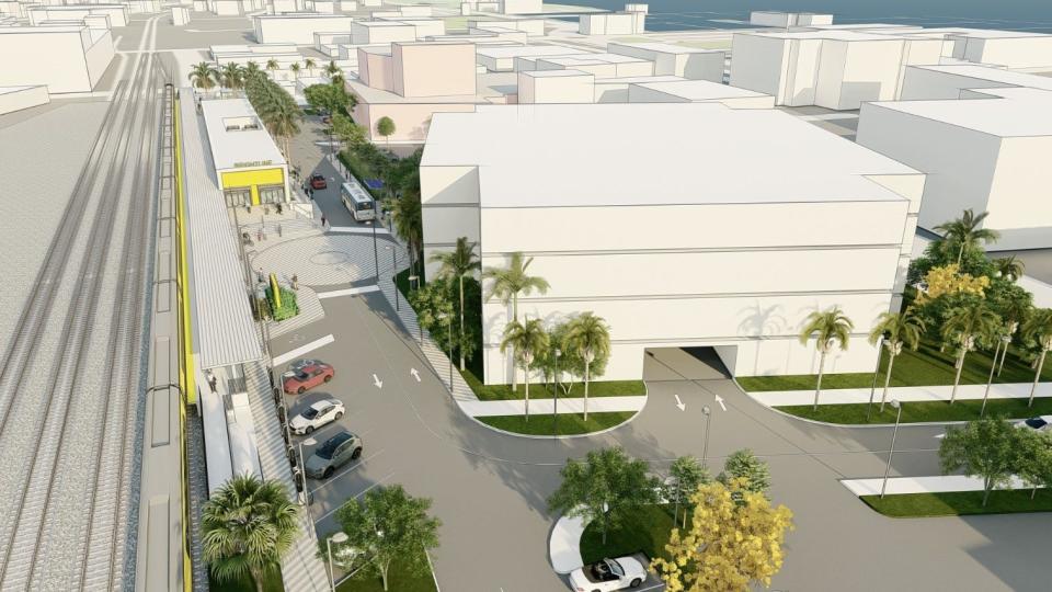 A rendering looking north of Fort Pierce, of the city's proposed Brightline train station along South Depot Drive near the Sunrise Theatre. The city submitted its proposal Dec. 22, 2023.