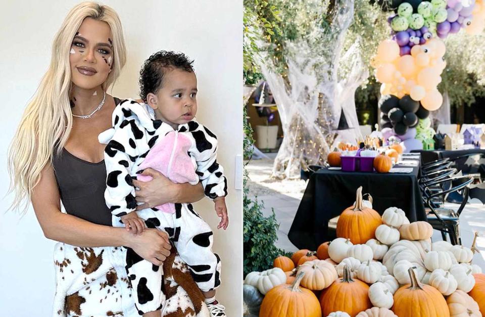 <p>Khloe Kardashian/Instagram</p> Khloe Kardashian and son Tatum dressed up as cows for her pumpkin decorating party.