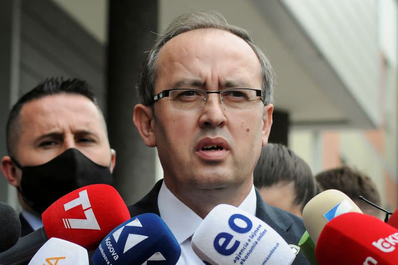 FILE PHOTO: Kosovo Prime Minister Avdullah Hoti talks to media outside the parliament building in Pristina, Kosovo