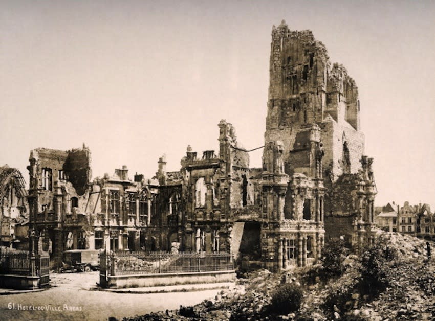 The remains of the Hotel de Ville at Arras in Northern France, photographed soon after the end of World War One, circa March 1919. This image is from a series documenting the damage and devastation that was caused to towns and villages along the Western Front in France and Belgium during the First World War. (Photo by Popperfoto/Getty Images)