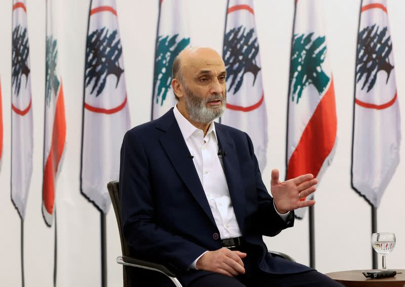 Samir Geagea, the head of the Christian Lebanese Forces party, speaks during an interview with Reuters at his residence in Maarab