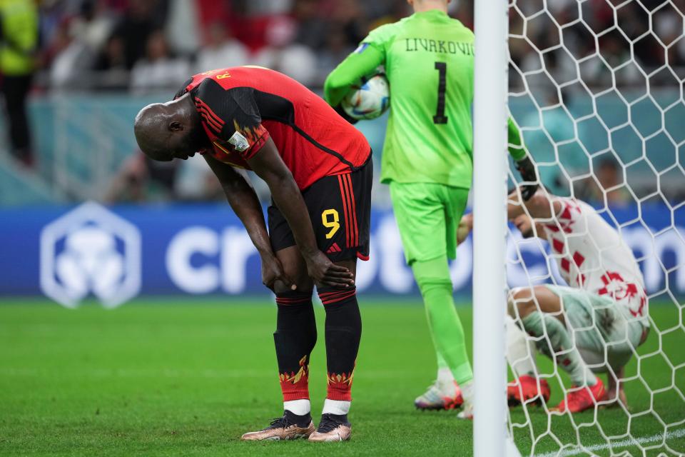 Romelu Lukaku L of Belgium reacts after missing a shot during the Group F match between Croatia and Belgium at the 2022 FIFA World Cup at Ahmad Bin Ali Stadium in Al Rayyan, Qatar, Dec. 1, 2022. (Photo by Zheng Huansong/Xinhua via Getty Images)