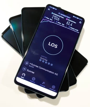 Huawei 5G Smartphone Mate 20X smartphones are displayed during a media presentation in Opfikon