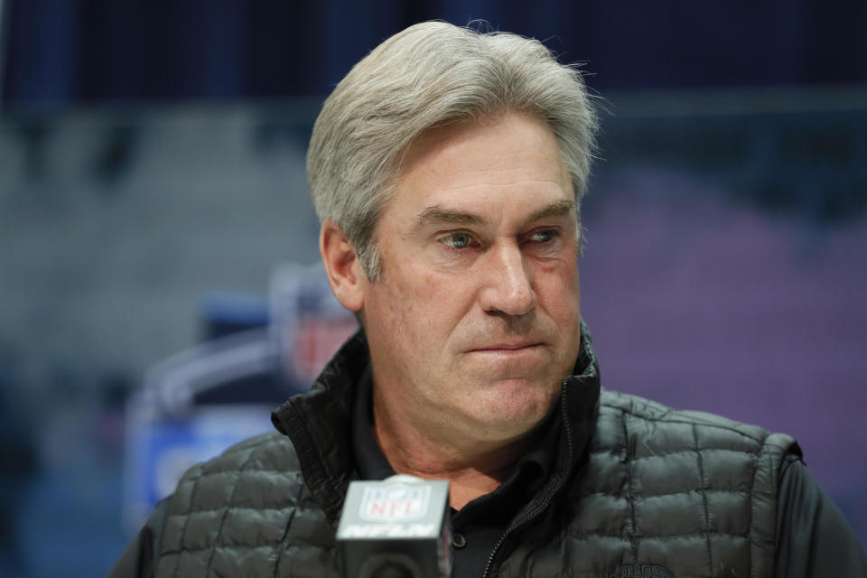 February 25, 2020, file photo shows Philadelphia Eagles coach Doug Pederson speaking during news conference at NFL football scouting combine in Indianapolis. / Credit: Charlie Neibergall / AP