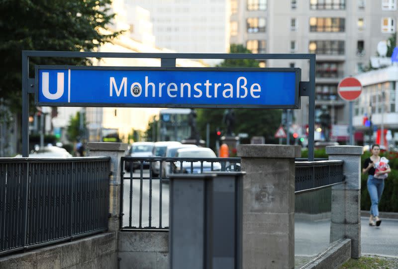 A sign for "Mohrenstrasse" subway station is seen in central Berlin