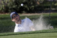 Andrew Landry hits from the bunker to the 15th hole during the second round of The American Express golf tournament at La Quinta Country Club, Friday, Jan. 17, 2020, in La Quinta, Calif. (AP Photo/Marcio Jose Sanchez)