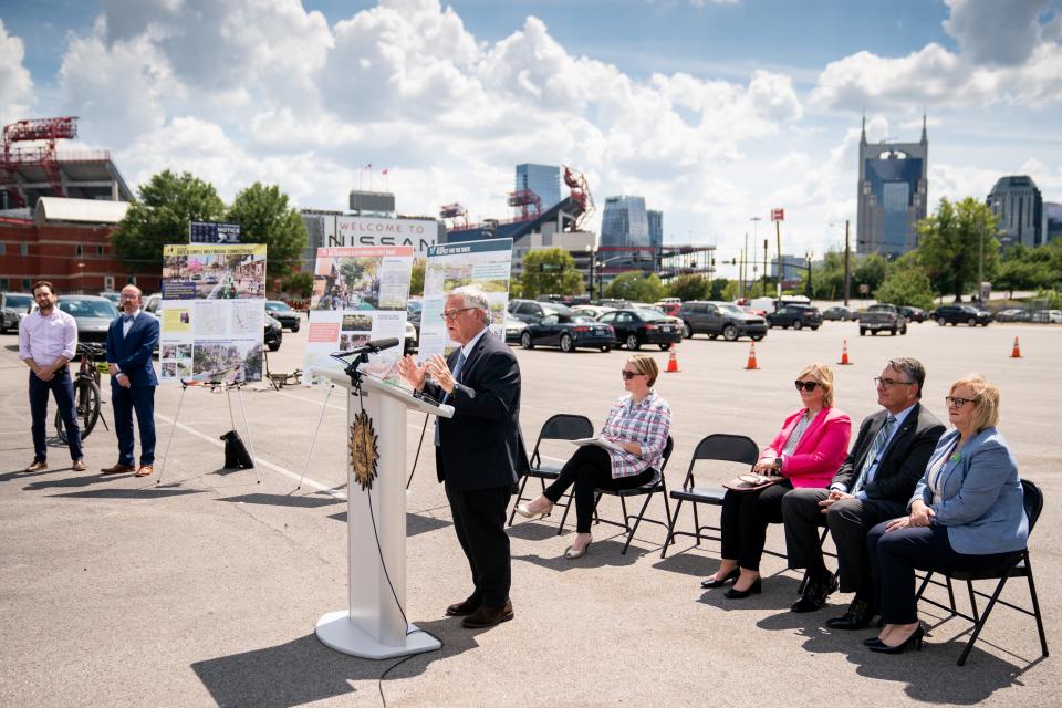 Mayor John Cooper speaks during a press conference about the Imagine East Bank Draft Vision Plan at Sports Authority Parking Lot E in Nashville, Tenn., Monday, Aug. 22, 2022.