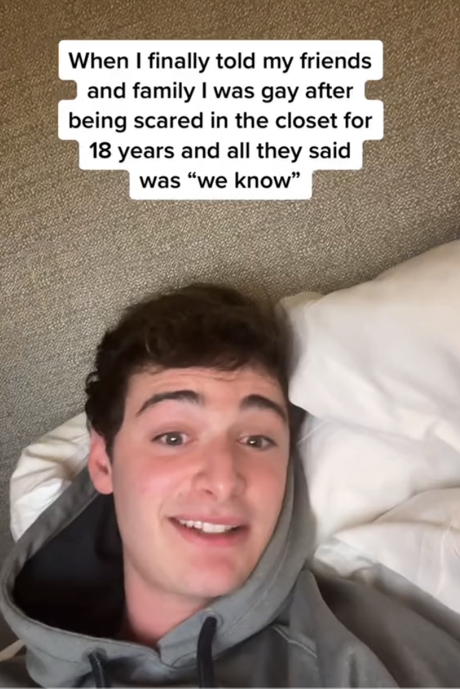 Noah's TikTok captioned "When I told my family and friends I was gay after being scared in the closet for 18 years and all they said was 'we know'"