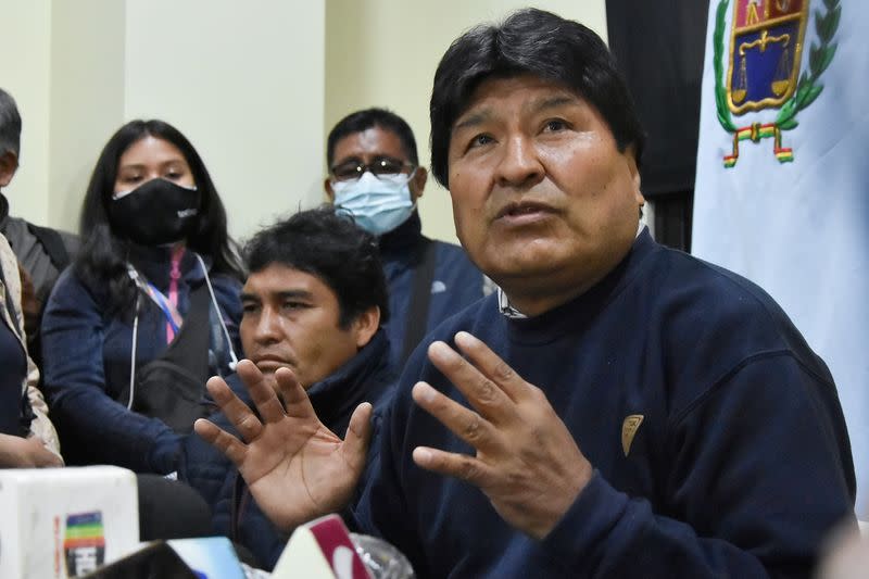 Bolivia's former President Evo Morales and President of the country's ruling Movement Toward Socialism (MAS) party attends a news conference in Cochabamba