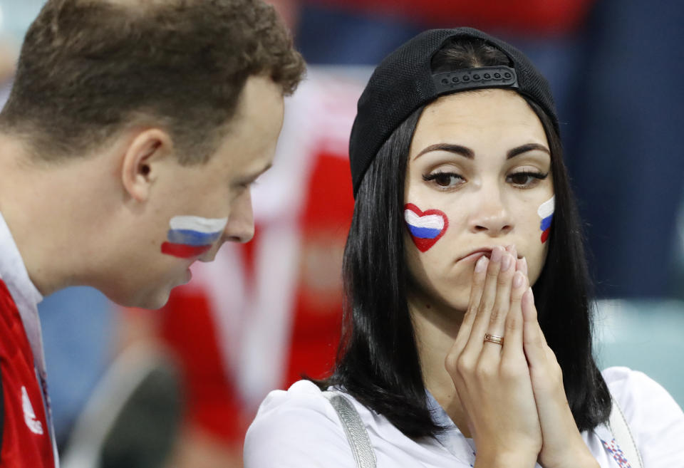 <p>Russia’s fans react after Russia’s loss in the quarterfinal match between Russia and Croatia at the 2018 soccer World Cup in the Fisht Stadium, in Sochi, Russia, Saturday, July 7, 2018. (AP Photo/Darko Bandic) </p>