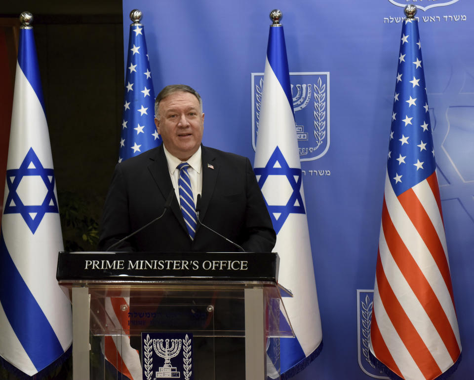 U.S. Secretary of State Mike Pompeo and Israeli Prime Minister Benjamin Netanyahu make joint statements to the press after meeting, in Jerusalem, Monday, Aug. 24, 2020. (Debbie Hill/Pool via AP)