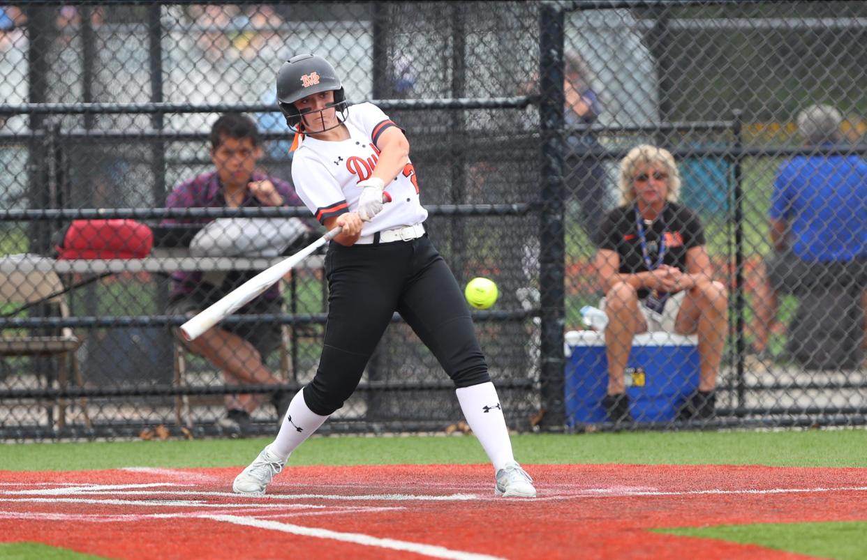 Marlboro's Leah Gunsett (23) connects with a pitch in the NYSPHSAA Class B semifinal against Chenango Valley at Moriches Athletic Complex in Moriches on Saturday, June 11, 2022.