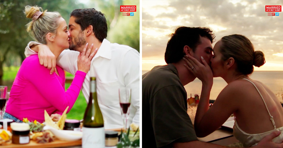 MAFS' Alyssa and Duncan kissing on their honeymoon / MAFS' Ollie and Tahnee kissing on their honeymoon.