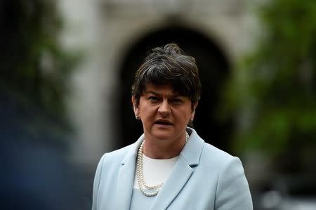 Leader of the Democratic Unionist Party (DUP), Arlene Foster speaks to media outside Government buildings in Dublin, Ireland June 16, 2017. REUTERS/Clodagh Kilcoyne