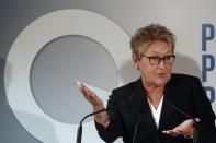 Parti Quebecois leader Pauline Marois gestures during a campaign stop in Blainville, Quebec March 7, 2014. Quebec voters will go to the polls in a provincial election on April 7. REUTERS/Christinne Muschi (CANADA - Tags: POLITICS ELECTIONS)