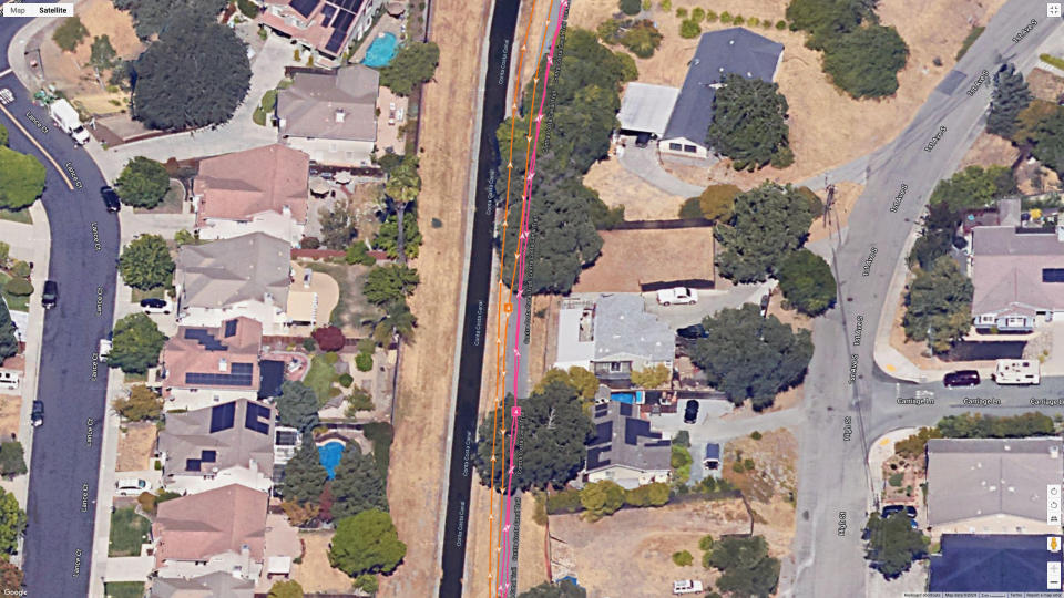 A screenshot of a portion of a satellite GPS map, showing how the Garmin Forerunner 165 and COROS PACE 3 compare for GPS accuracy.