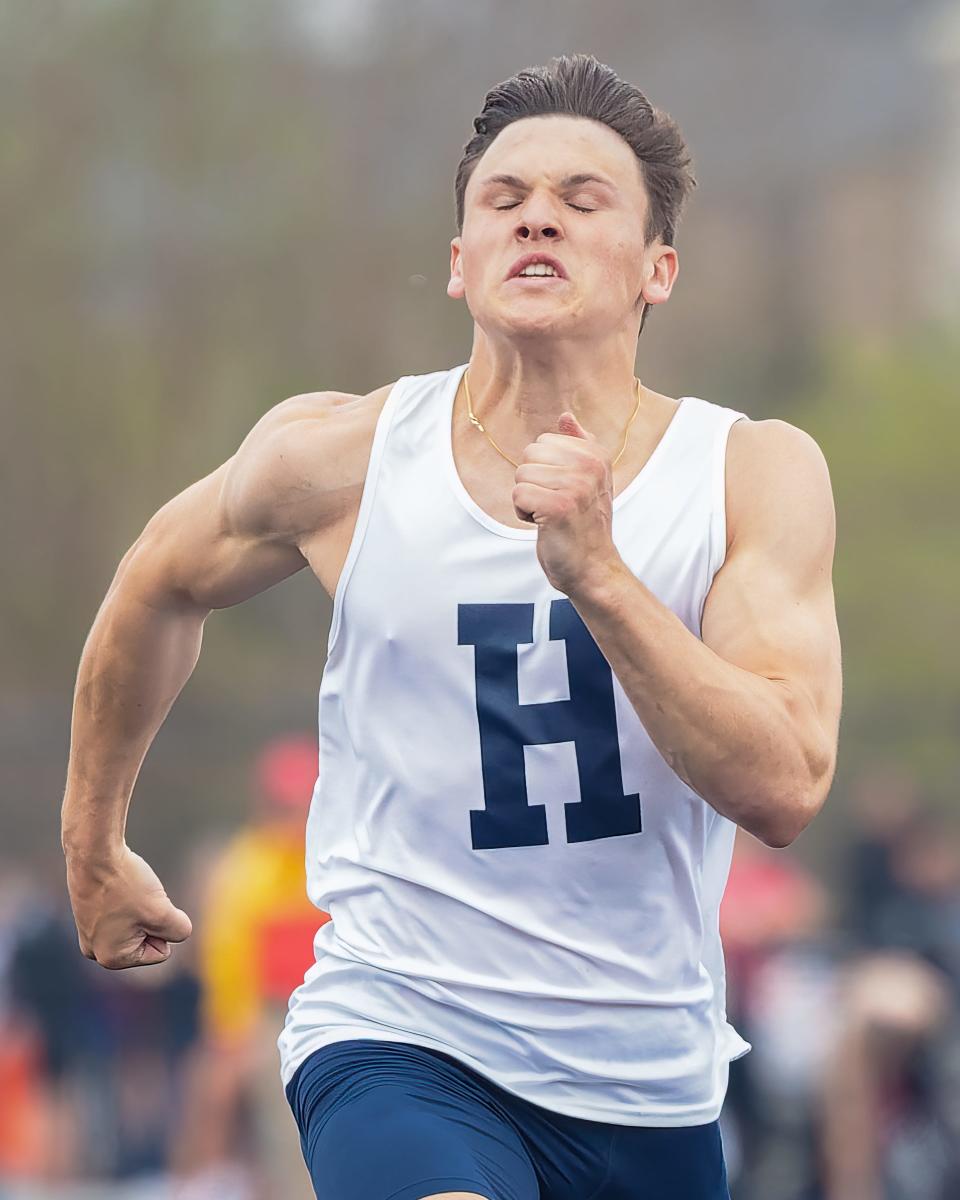 Hartland's Cameron Cheetam won the 100-meter dash, 200 and 400 during the Brighton Bulldog Invitational Saturday, April 27, 2024.