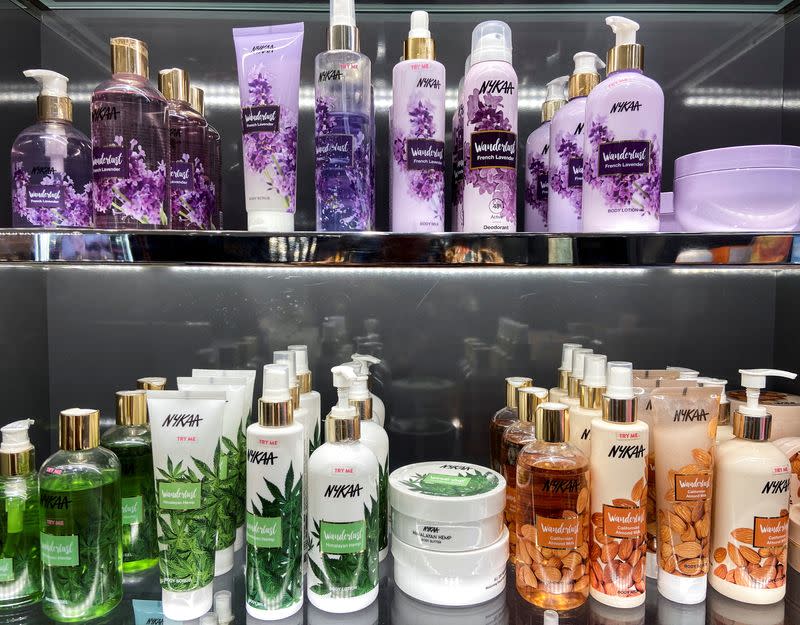 Beauty products by Nykaa, an Indian beauty products retailer, are seen for sale in a store at a mall in New Delhi