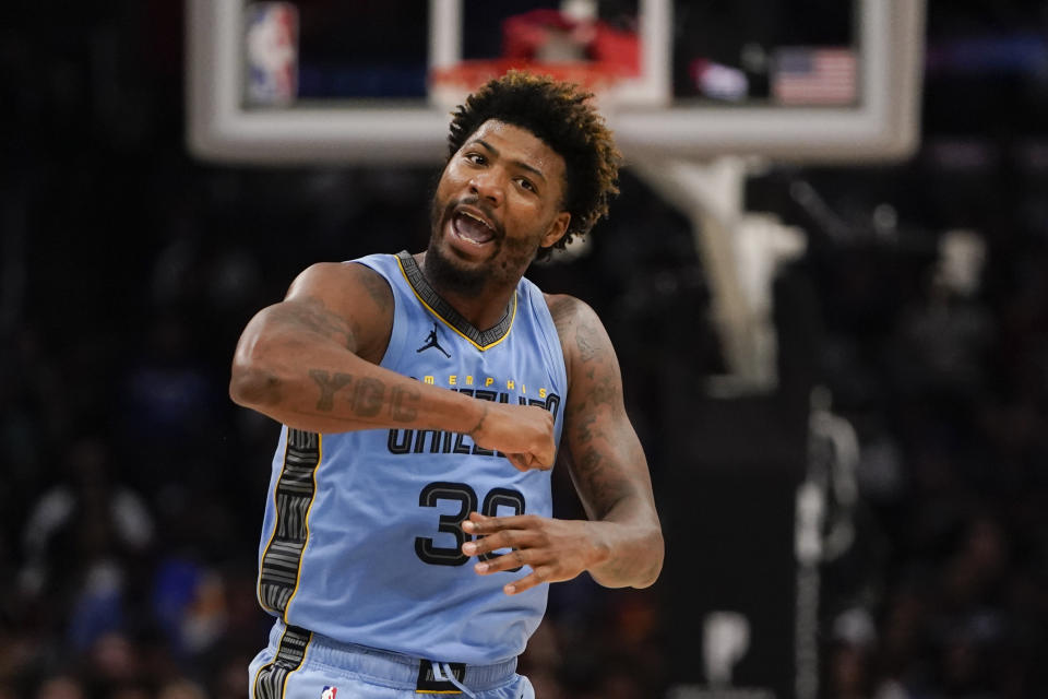 Memphis Grizzlies guard Marcus Smart reacts during the second half of an NBA basketball game against the Los Angeles Clippers, Sunday, Nov. 12, 2023, in Los Angeles. (AP Photo/Ryan Sun)