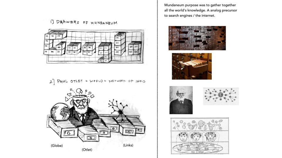 Some sketches showing the design process for Google's Doodle of the Mundaneum co-founder Paul Otlet's 147th Birthday