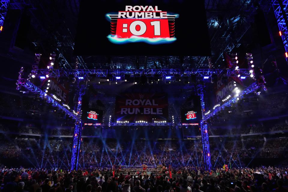 Wrestlers battle during the Royal Rumble match during the 2022 Royal Rumble at The Dome at America's Center.