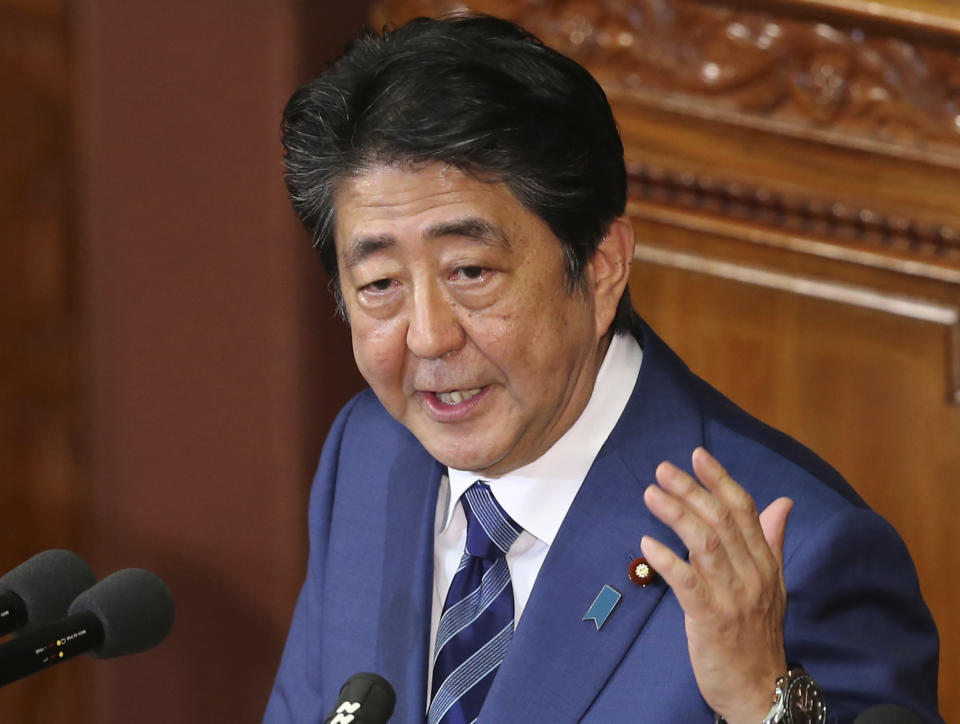 Japanese Prime Minister Shinzo Abe delivers his policy speech during a parliamentary session in Tokyo, Wednesday, Oct. 24, 2018. Abe has vowed to bolster cooperation and friendship between his country and China in a key policy speech the day before he makes the first trip to Beijing by a Japanese leader in seven years. (AP Photo/Koji Sasahara)