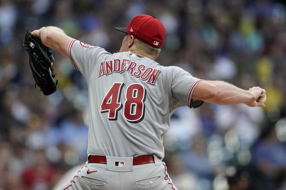 Cincinnati Reds' Chase Anderson pitches during the first inning of a baseball game against the Milwaukee Brewers Saturday, Sept. 10, 2022, in Milwaukee. (AP Photo/Aaron Gash)