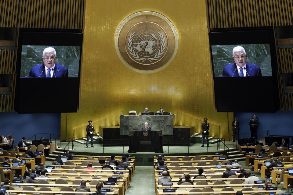 Palestinian President Mahmoud Abbas addresses the 78th session of the United Nations General Assembly, Thursday, Sept. 21, 2023. (AP Photo/Richard Drew)