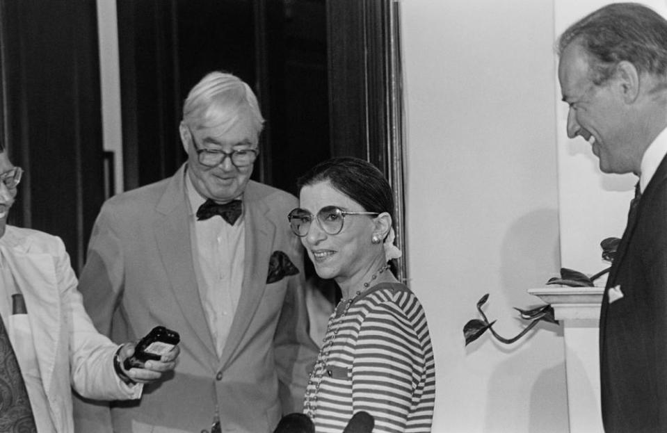 Ruth Bader Ginsburg with senators Daniel Moynihan, left, and Joe Biden, following her supreme court nomination in 1993.