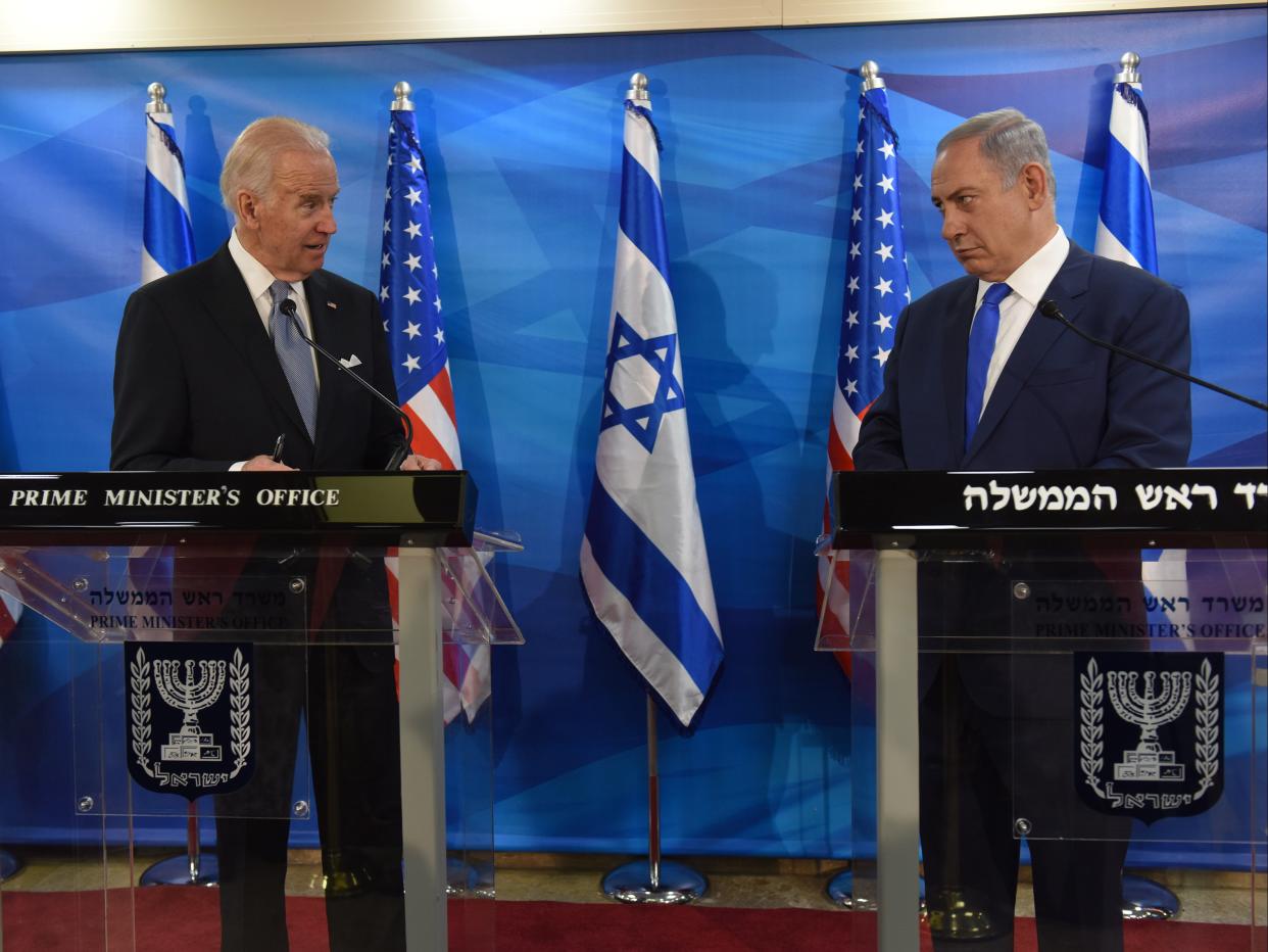 Then-Vice President Joe Biden and Israeli Prime Minister Benjamin Netanyahu give joint statements on March 9, 2016. (AFP via Getty Images)