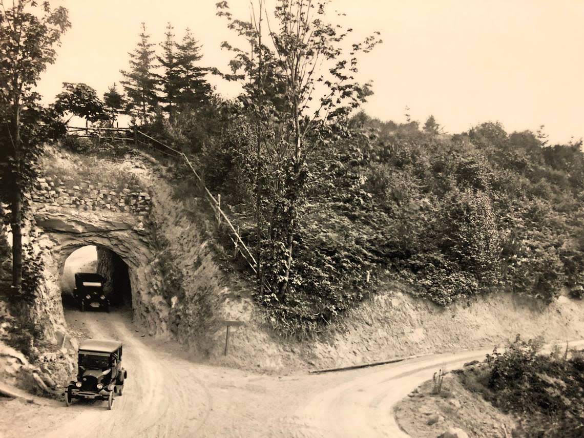 Cars drive through the Sehome Hill tunnel in the 1920s in Bellingham. The tunnel is now part of the 176-acre forested park on Sehome Hill that was developed in 1974 and features six miles of hiking trails and connects to the citywide Greenways system.