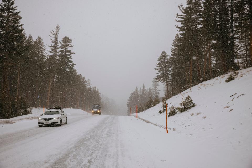 A Friday winter storm brought about 3 inches of snow near Mammoth Mountain Ski Area in Mammoth Lakes, Calif. Drivers were advised to bring chains while traveling in Southern California's mountains, where light weekend snowfall was expected to become more significant through Monday.