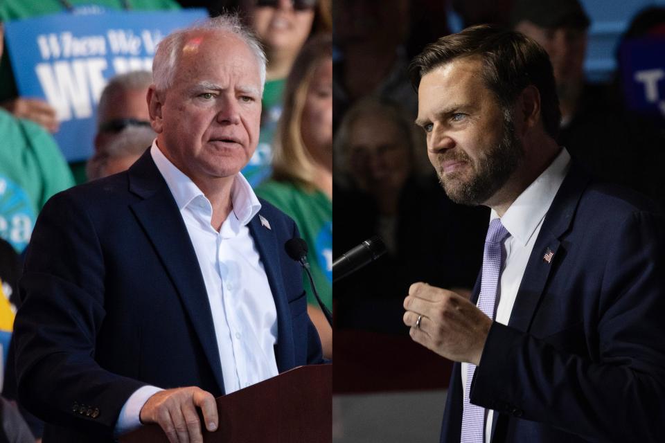 LEFT: Democratic vice presidential nominee, Minnesota Gov. Tim Walz, speaks at Laborfest on Sept. 2, 2024, in Milwaukee, Wisconsin. RIGHT: Republican vice presidential nominee, Ohio Sen. JD Vance, speaks to supporters during a campaign event at the Northwestern Michigan Fair grounds on Sept. 25, 2024 in Traverse City, Michigan.