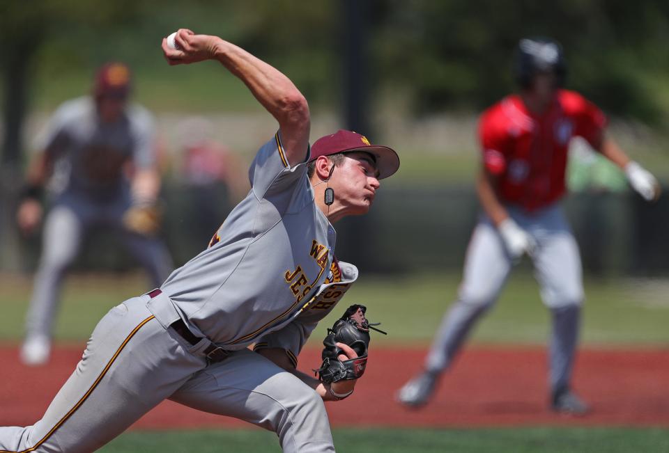 Walsh Jesuit winning pitcher Ryan Piech throws against the Wadsworth Grizzlies during the second inning of a Division I regional semifinal baseball game, Thursday, June 1, 2023, in Oberlin, Ohio.