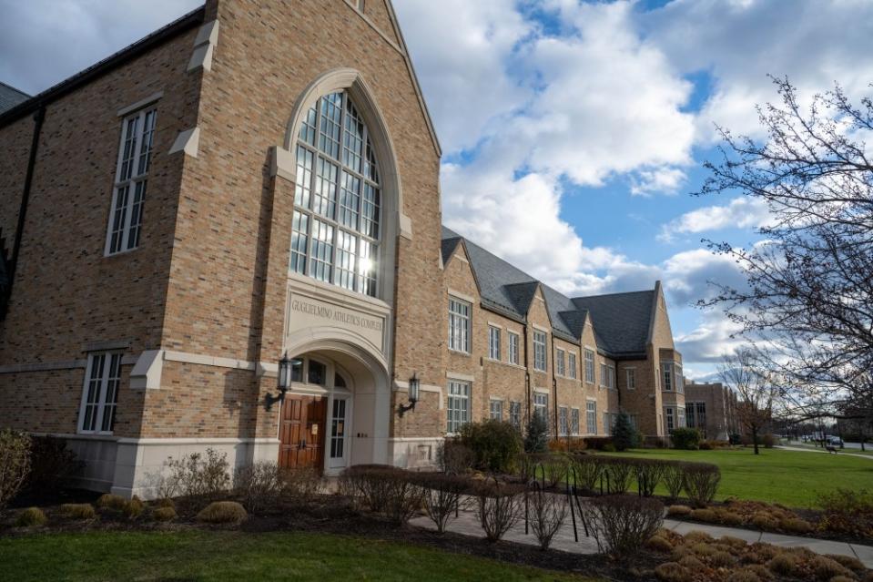 Dec 6, 2021; Notre Dame, IN, USA; The entrance to the Guglielmino Athletics Complex on the campus of the University of Notre Dame. Mandatory Credit: Matt Cashore-USA TODAY Sports