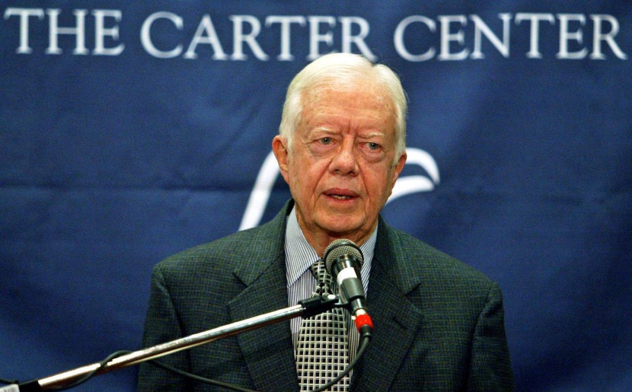 Jimmy Carter answered reporters' election-monitoring questions in Caracas, Venezuela, May 29, 2004. <a href="https://www.gettyimages.com/detail/news-photo/former-us-president-jimmy-carter-answers-questions-during-a-news-photo/481972699?adppopup=true" rel="nofollow noopener" target="_blank" data-ylk="slk:Juan Barreto/AFP via Getty Images;elm:context_link;itc:0;sec:content-canvas" class="link ">Juan Barreto/AFP via Getty Images</a>