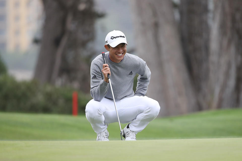 Collin Morikawa prepares to putt for the eagle that will win him the PGA Championship. (Photo by Sean M. Haffey/Getty Images)