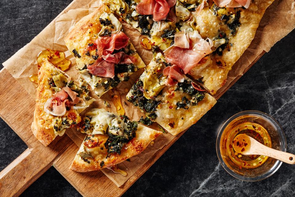 Artichoke, Spinach, and Prosciutto Flatbreads with Spicy Honey