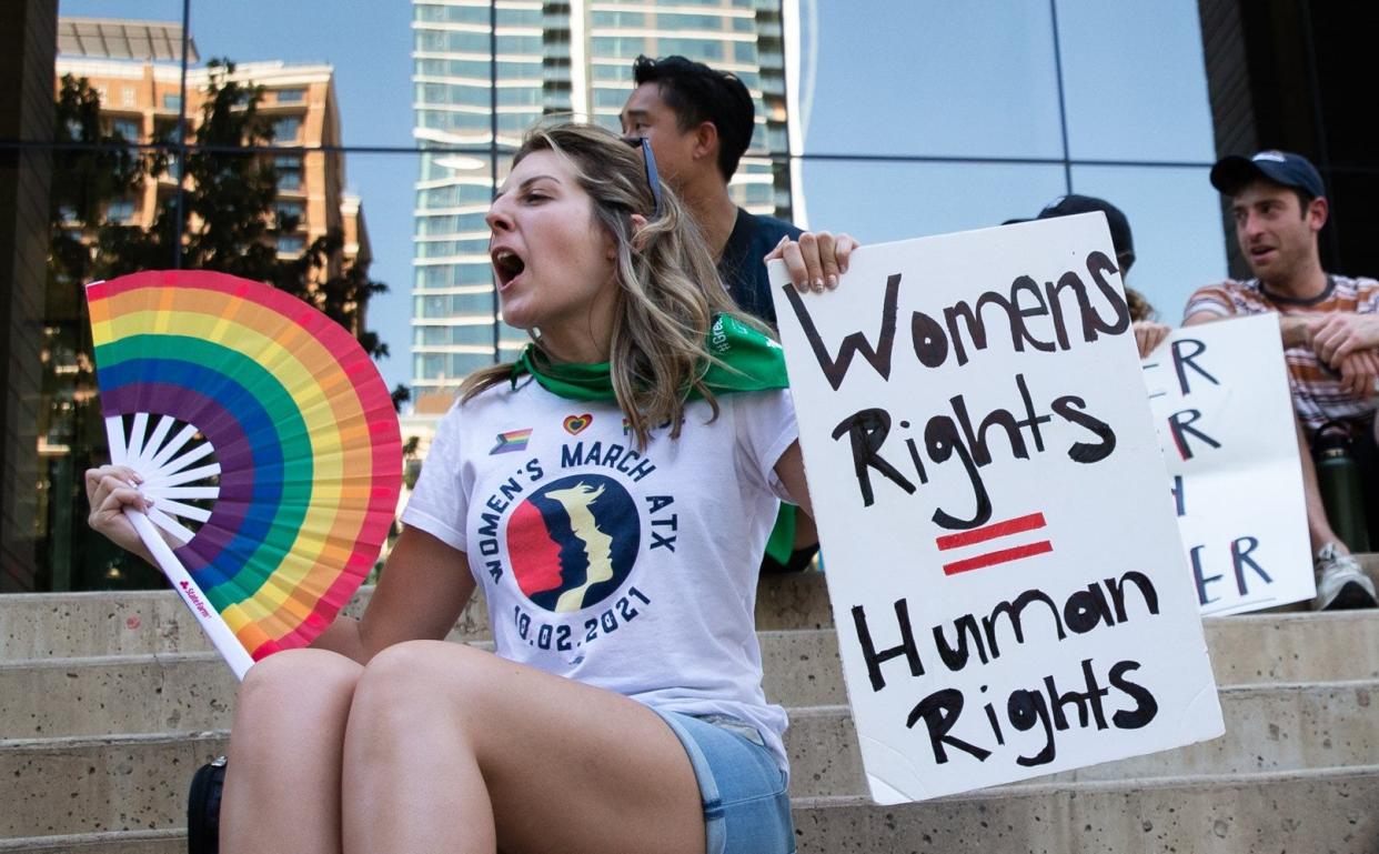 Abortion-rights protester Laura Willhelm chants at a rally at Republic Square in Austin, following the Supreme Court decision to overturn Roe v. Wade, June 24, 2022.
