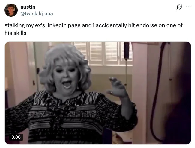 A woman appears startled with raised hands. The tweet above humorously mentions accidentally endorsing an ex's LinkedIn skills