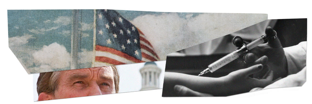 Photo collage of an American flag; Robert F. Kennedy Jr. speaking on Capitol Hill; and an archival photo of a doctor administering a vaccine into a child's arm. (Getty Images; NBC News)