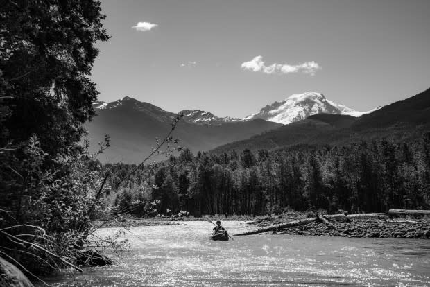Boating down the Nooksack River with Mount Baker, where we'd come from, above.<p>Photo: Jason Hummel</p>