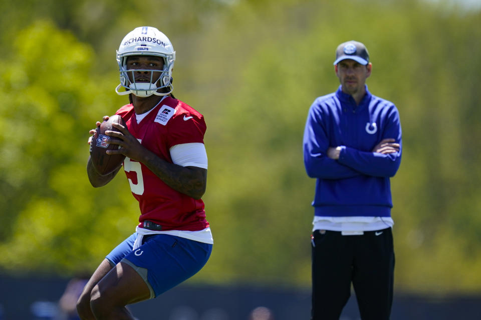 Indianapolis Colts quarterback Anthony Richardson throws in front of head coach Shane Steichen during a rookie camp. (AP Photo/Michael Conroy)
