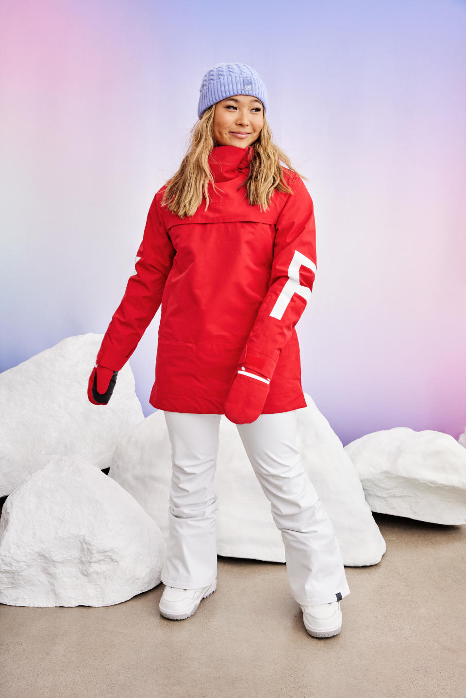 Chloe Kim in the red jacket from the Chloe Kim Signature Collection, a collaboration with Roxy. Courtesy Photo