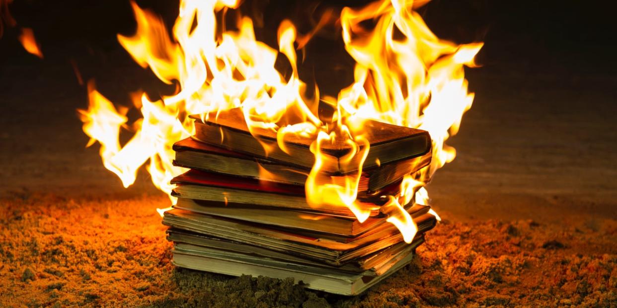 A stack of burning books