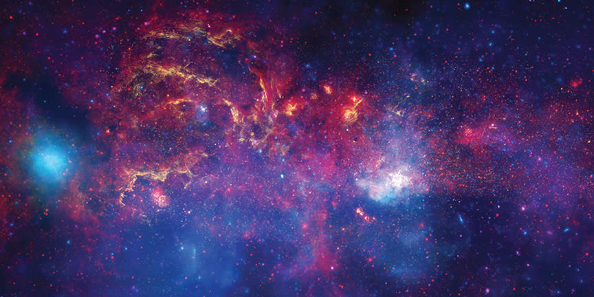 A purple, blue and other brightly colored representation of the Galactic Center.